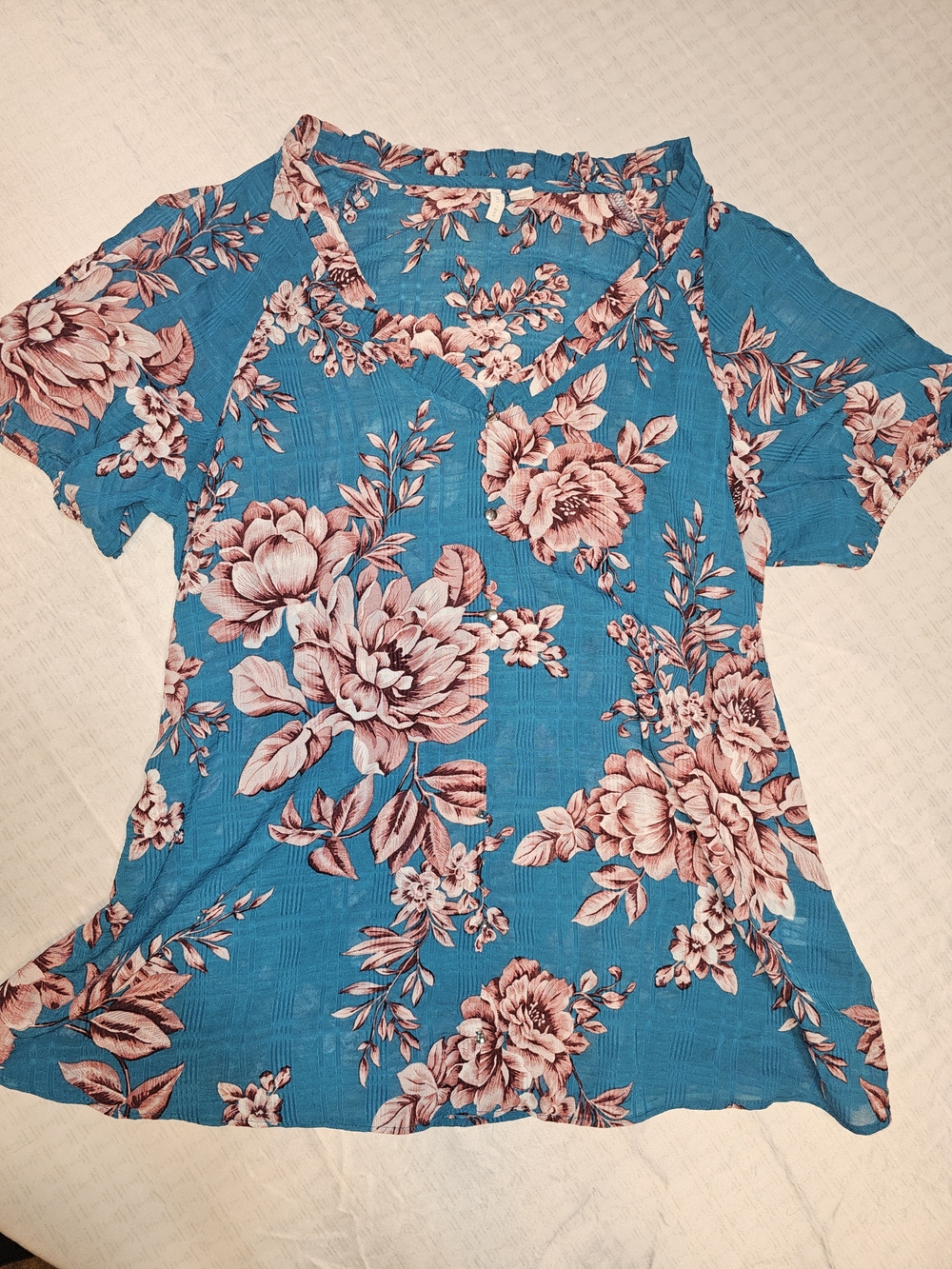 Cato Teal Blue Floral Short Sleeve Blouse with Pink Flowers L